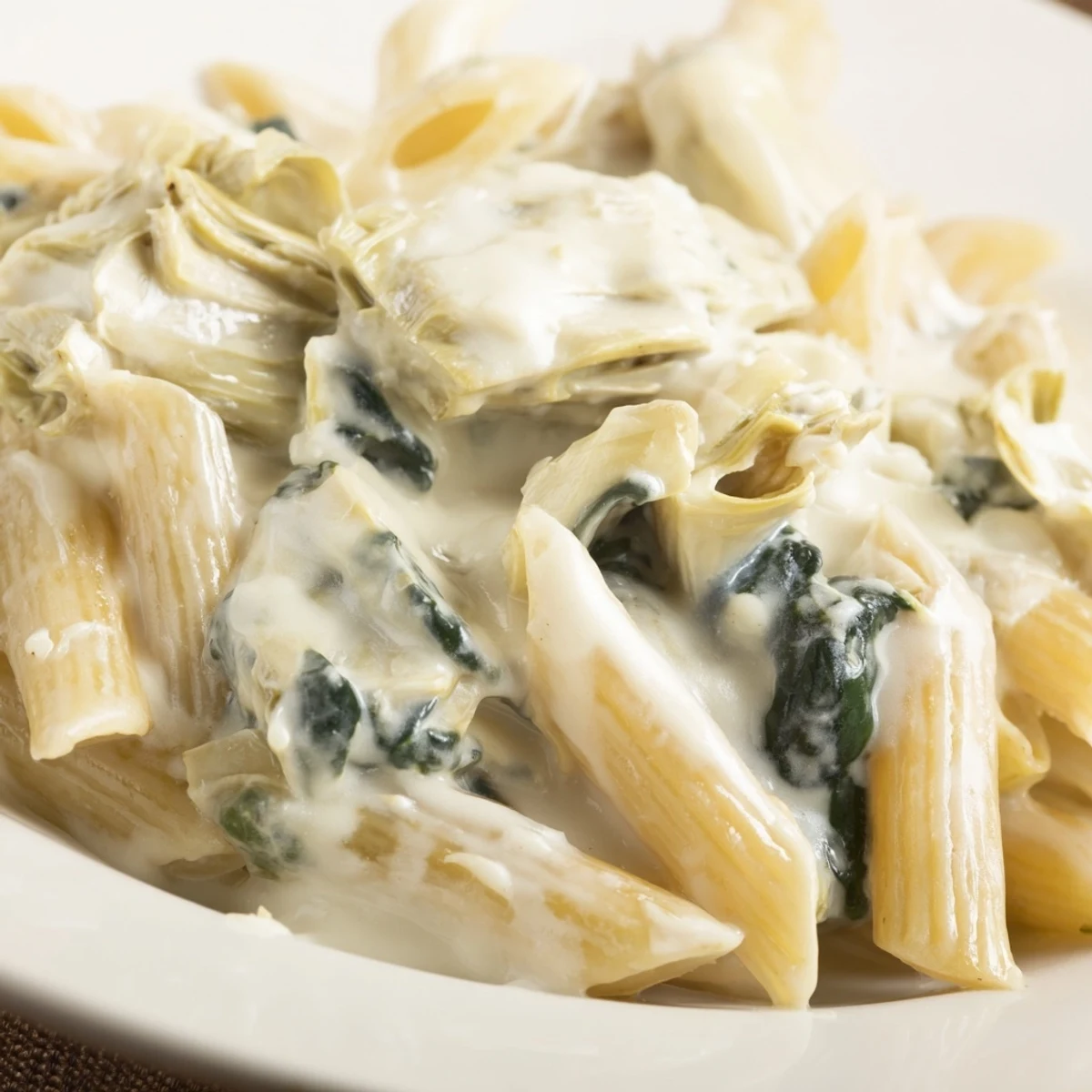 Spoonful of Creamy Spinach and Artichoke Penne with spinach flecks and artichoke pieces.