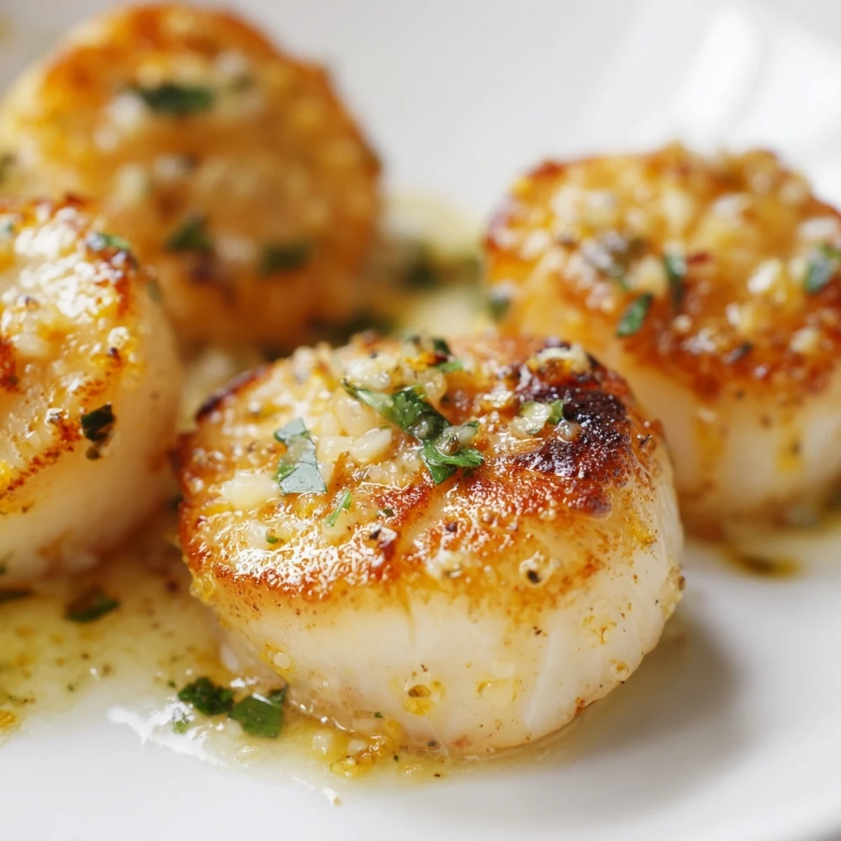 Seared golden scallops drizzled with zesty lemon garlic butter sauce on a warm plate.