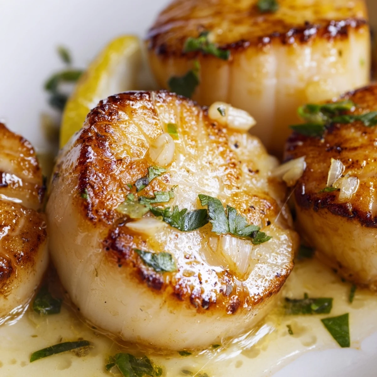 Perfect Lemon Garlic Seared Scallops served beside creamy risotto and fresh parsley garnish.