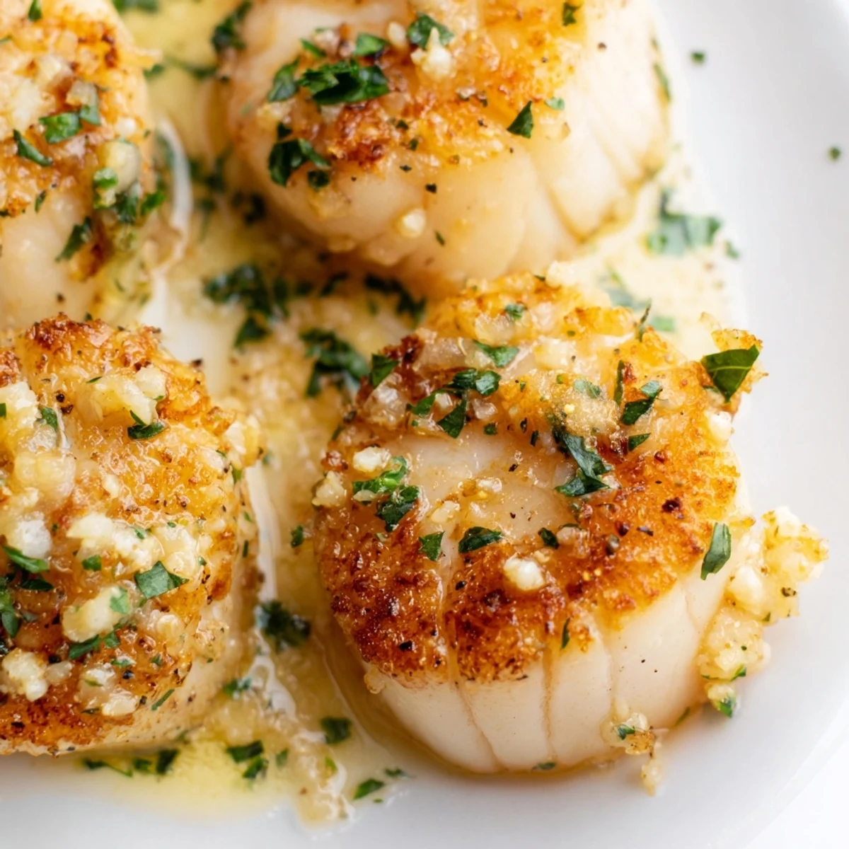 Sizzling Lemon Garlic Seared Scallops in a skillet with melted butter and minced garlic.