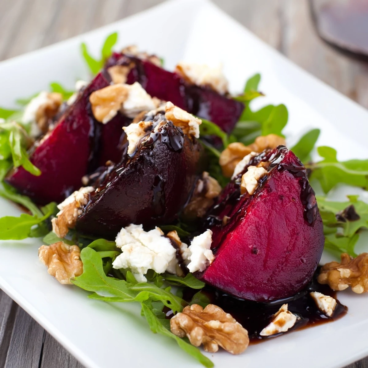 Salade de betteraves rôties et noix avec roquette, tranches de betteraves pourpres et noix toastées sur un lit de roquette verte, éclaboussures de vinaigrette.