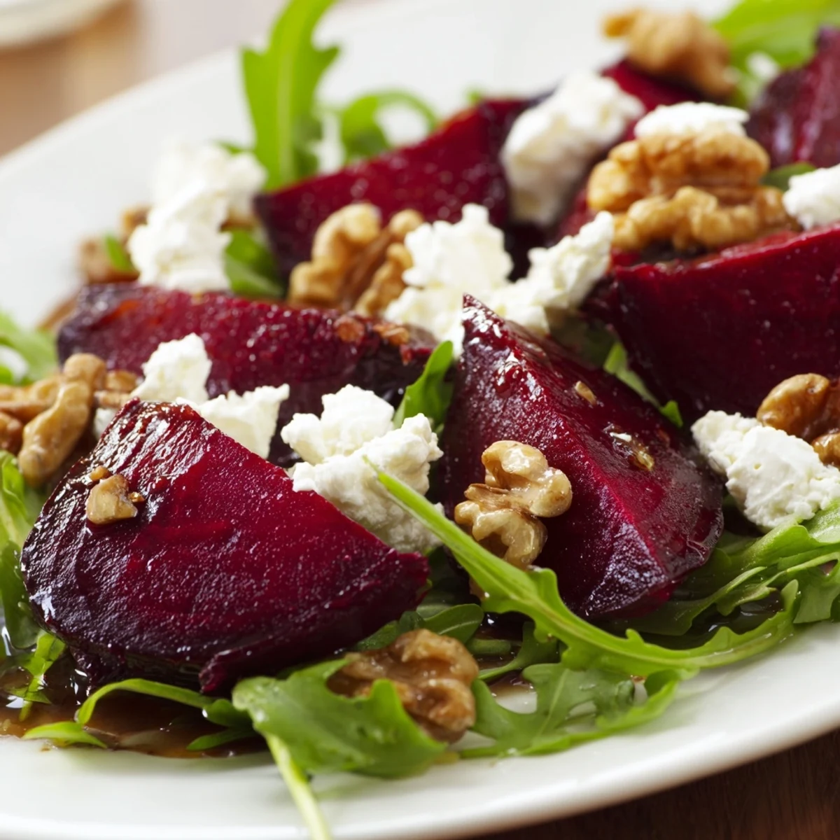 Salade de betteraves rôties et noix avec roquette, betteraves tranchées, roquette croquante et vinaigrette au vinaigre balsamique, présentée sur un plat de service.