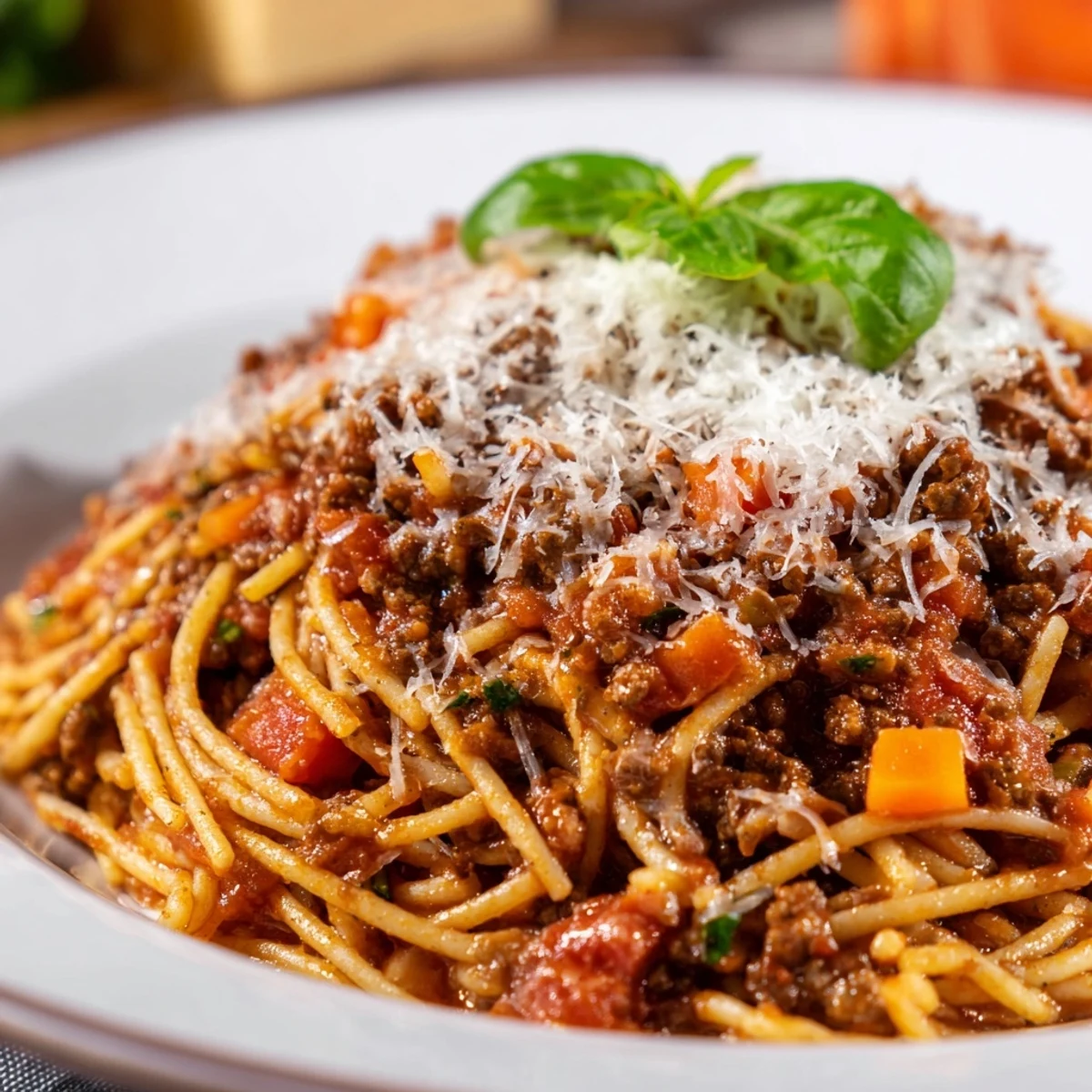 Une assiette généreuse de Beef Bolognese avec spaghetti, sauce riche et parmesan fraîchement râpé.
