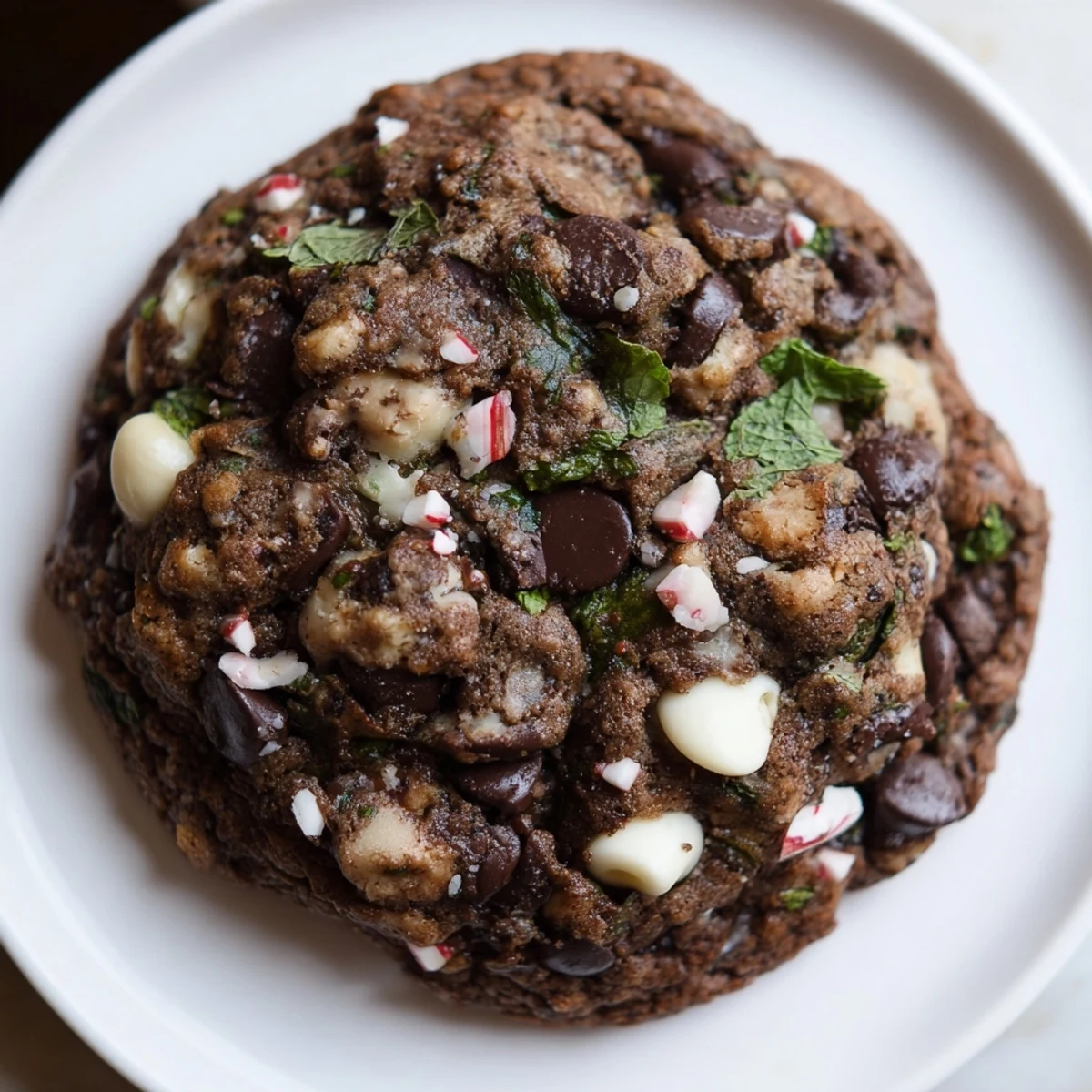 Freshly baked Peppermint Chocolate Chip Cookies with Mint on a parchment-lined tray, dusted with crushed candy canes for the holidays.