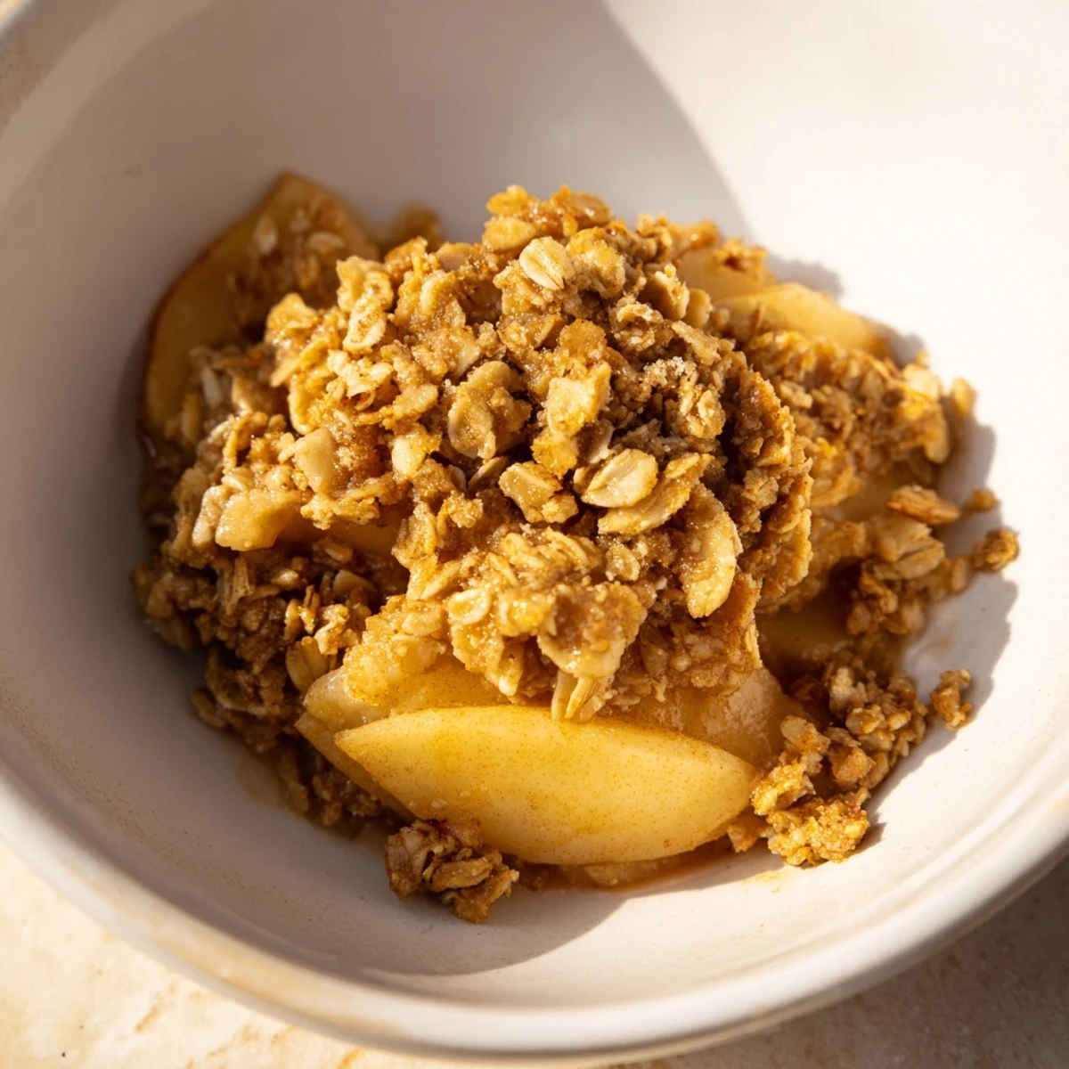Dessert réconfortant de pommes au four, garni de granola croustillant, délicieux avec une boule de glace.