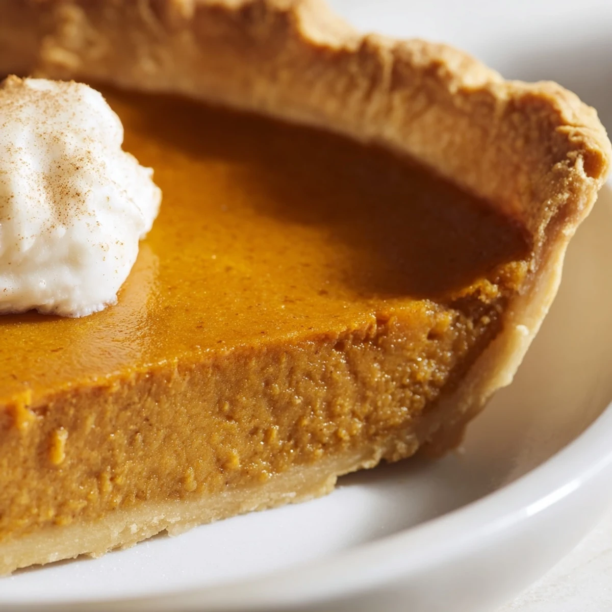 A slice of Spiced Pumpkin Pie with Pastry Crust served on a white plate with whipped cream.