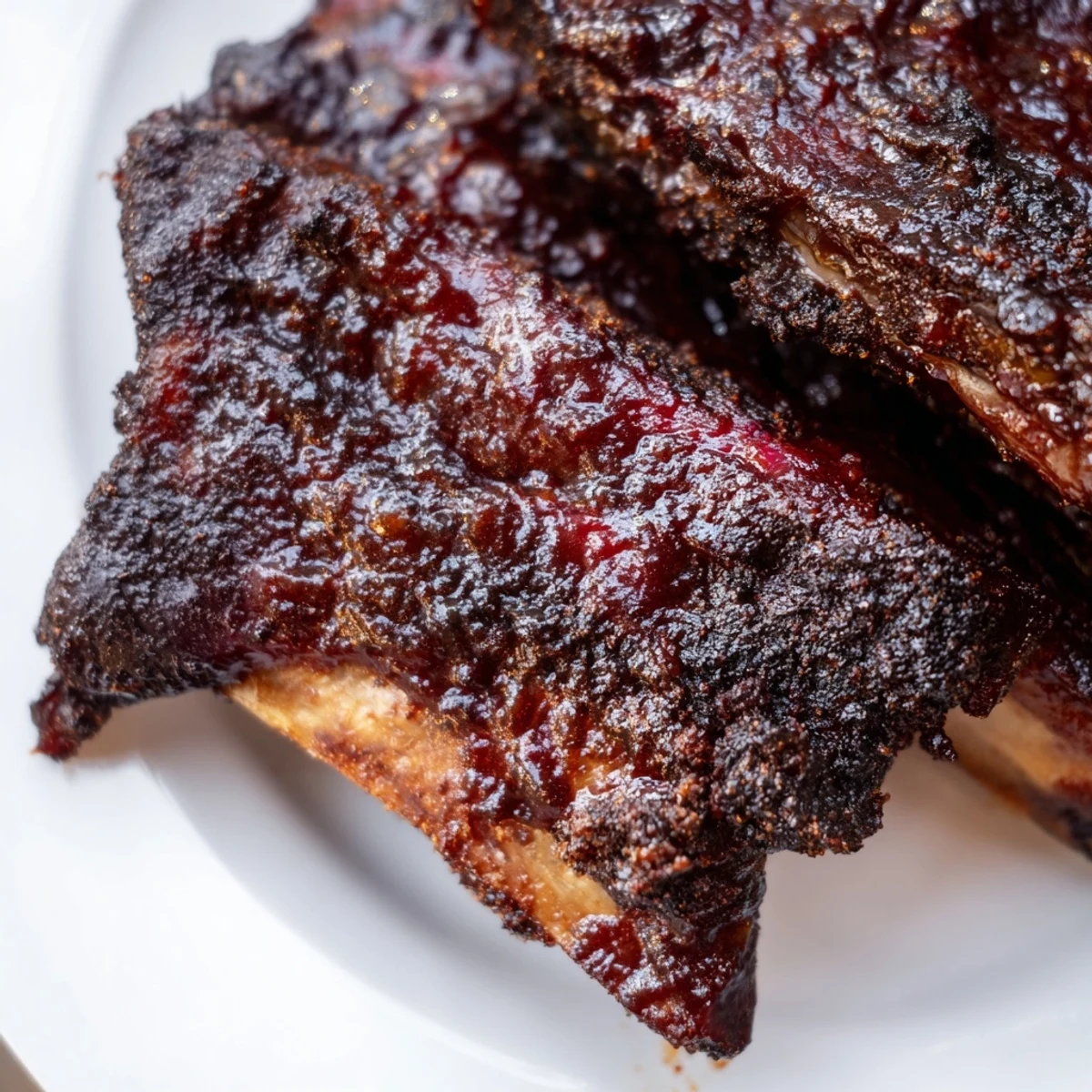Tendres côtes de bœuf rôties nappées de sauce barbecue fumée et caramélisée, prêtes à être dégustées.