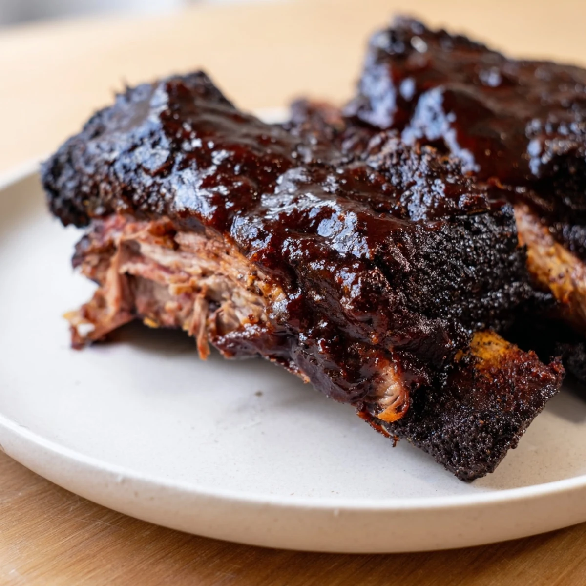 Côtes de bœuf avec sauce barbecue, offrant une texture fondante et une glace sucrée et fumée.