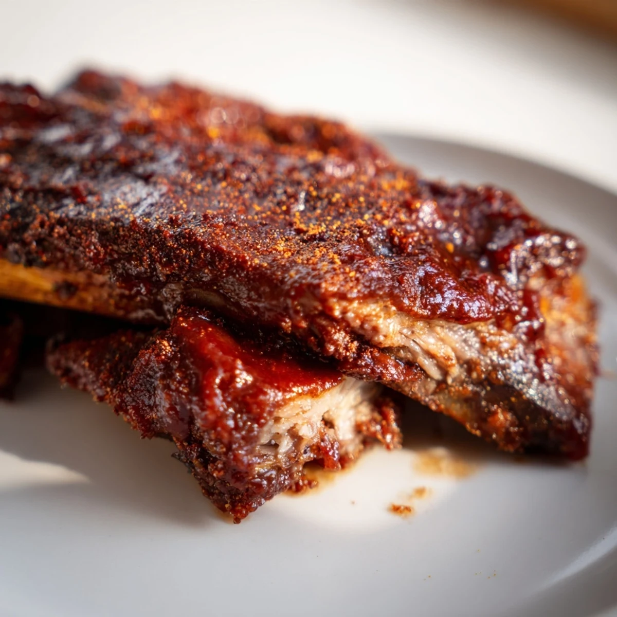 Assiette de côtes de bœuf à la sauce barbecue, parfaites pour un repas estival ou un dîner familial.