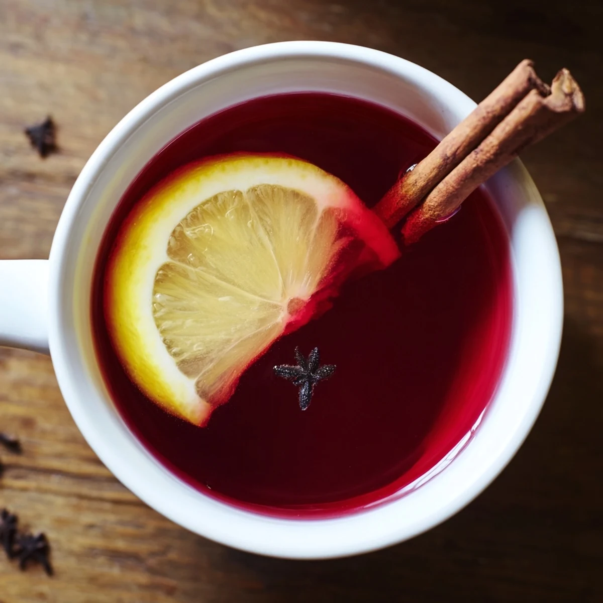 Cranberry Tea with Lemon cooling over ice in a tall glass, garnished with a lemon wheel and cinnamon stick.