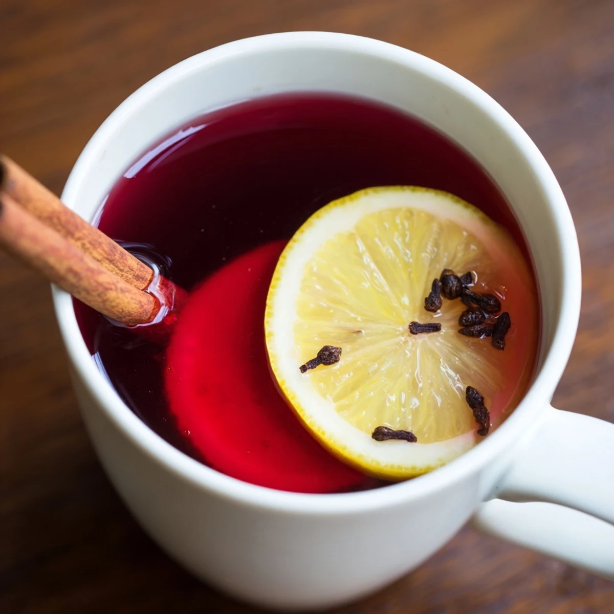 Homemade Cranberry Tea with Lemon poured from a teapot into a rustic mug with cranberry-studded garnish.