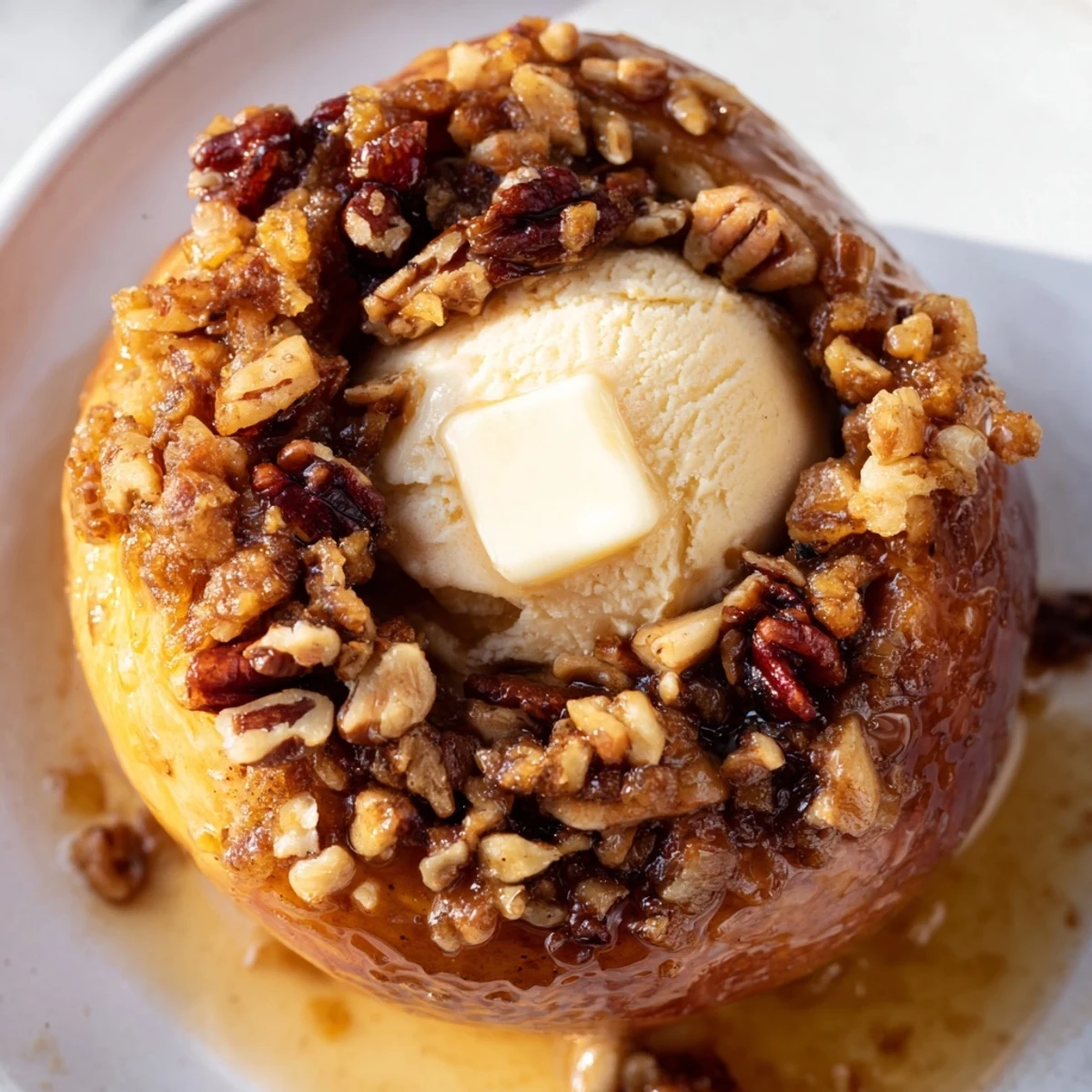 Pommes au four au cinnamon bien cuites et garnies de fruits secs, servies tièdes.