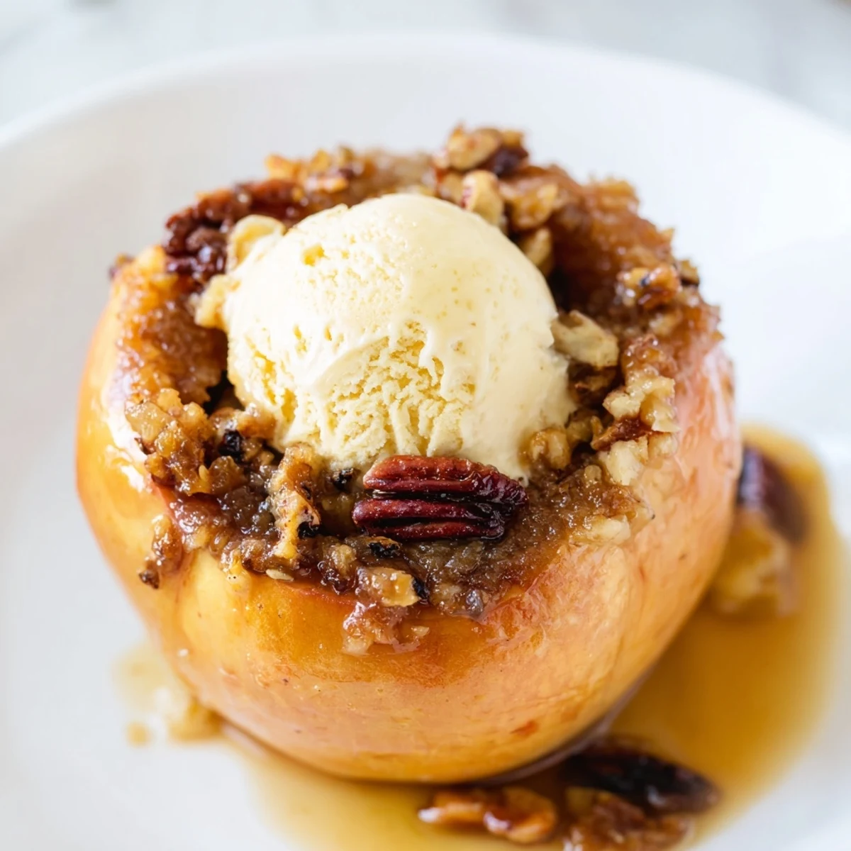 Une pomme au four au cinnamon dorée nappée de jus de pomme et de crème fouettée.