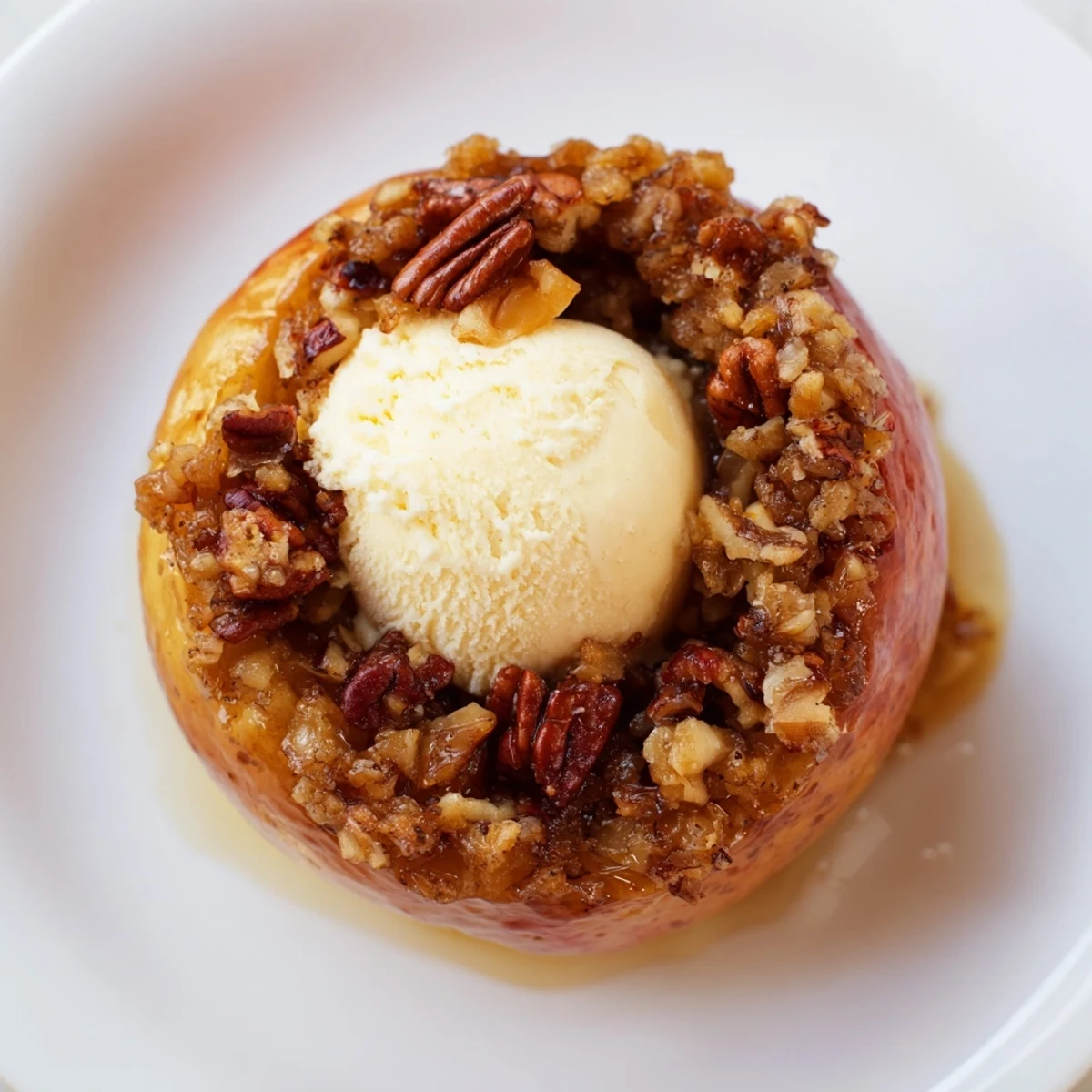 Dessert de pommes au four au cinnamon fumant, garni de beurre et de sucre brun.