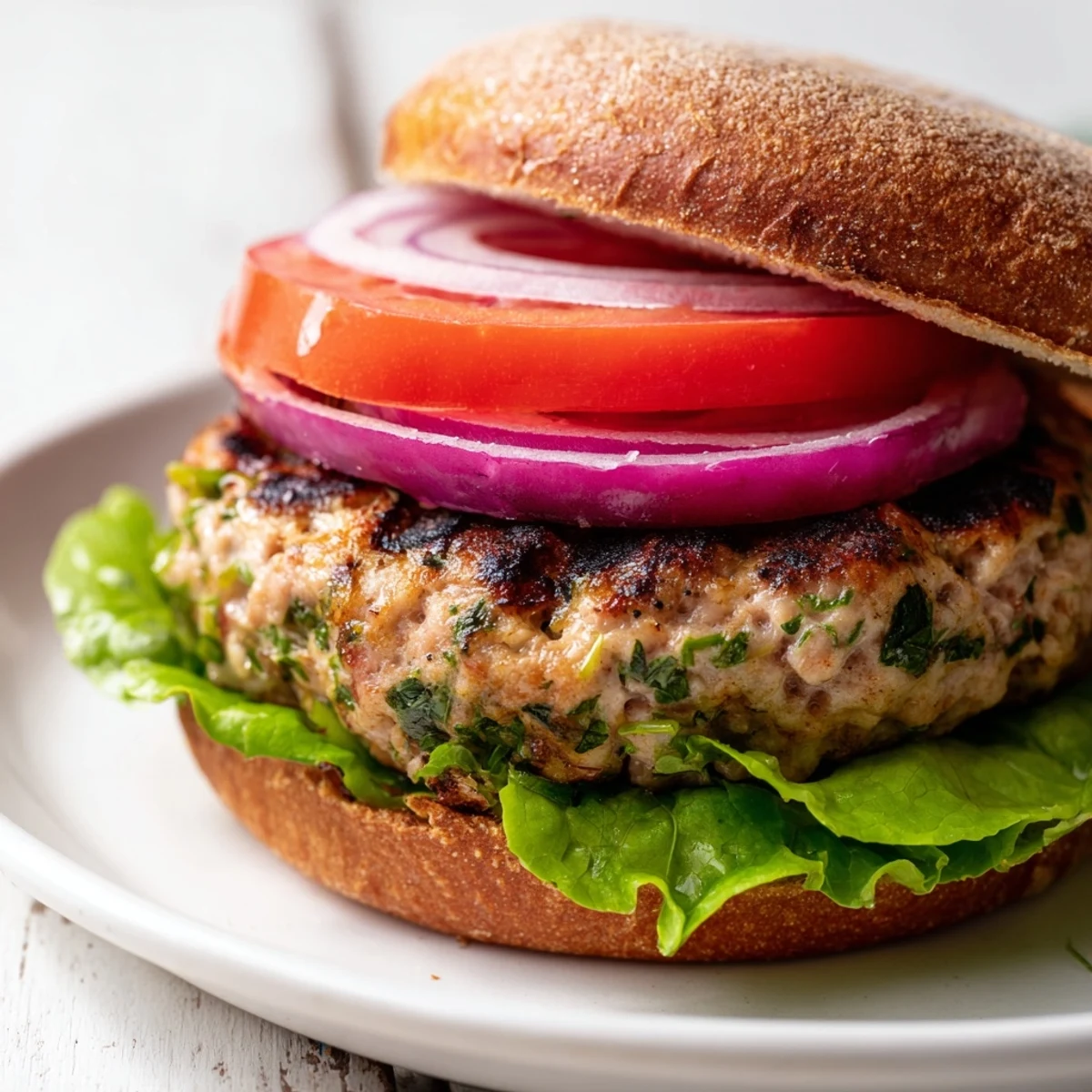 Burger de dinde au sweet potato cuit au four, avec frites dorées et croquantes servies en accompagnement savoureux.
