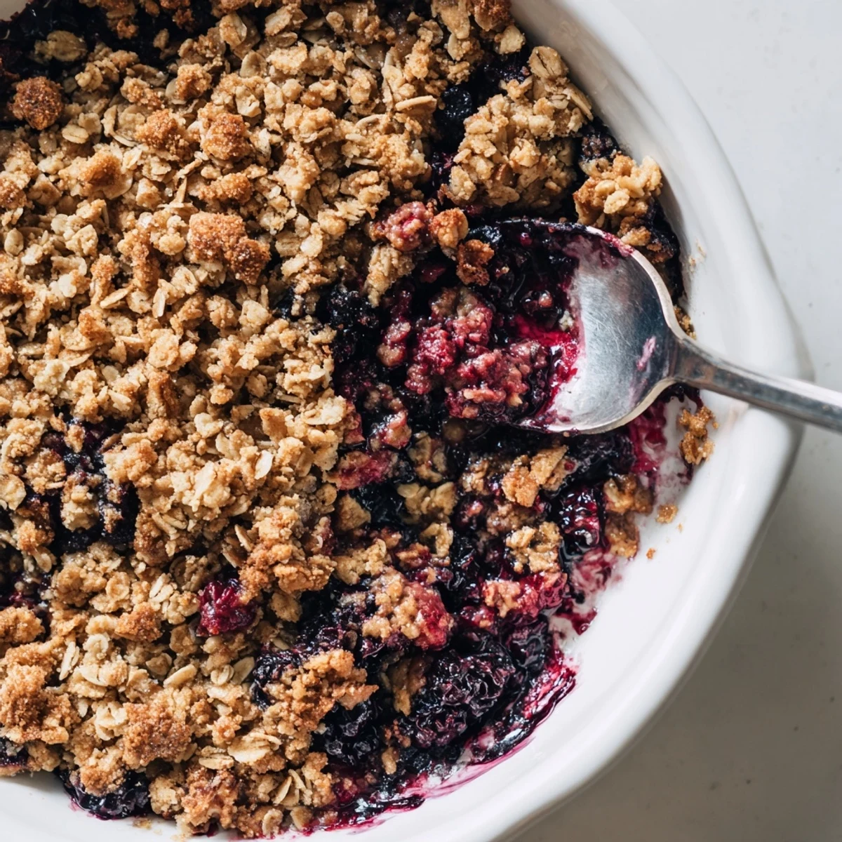 Bol de Winter Berry Crumble aux flocons d'avoine, garni de glace vanille et d'un filet de coulis de fruits rouges.