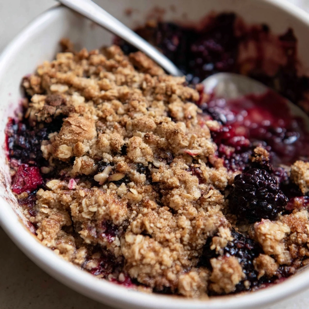 Assiette de Winter Berry Crumble aux flocons d'avoine, montrant des fruits rouges juteux et une croûte dorée caramélisée.