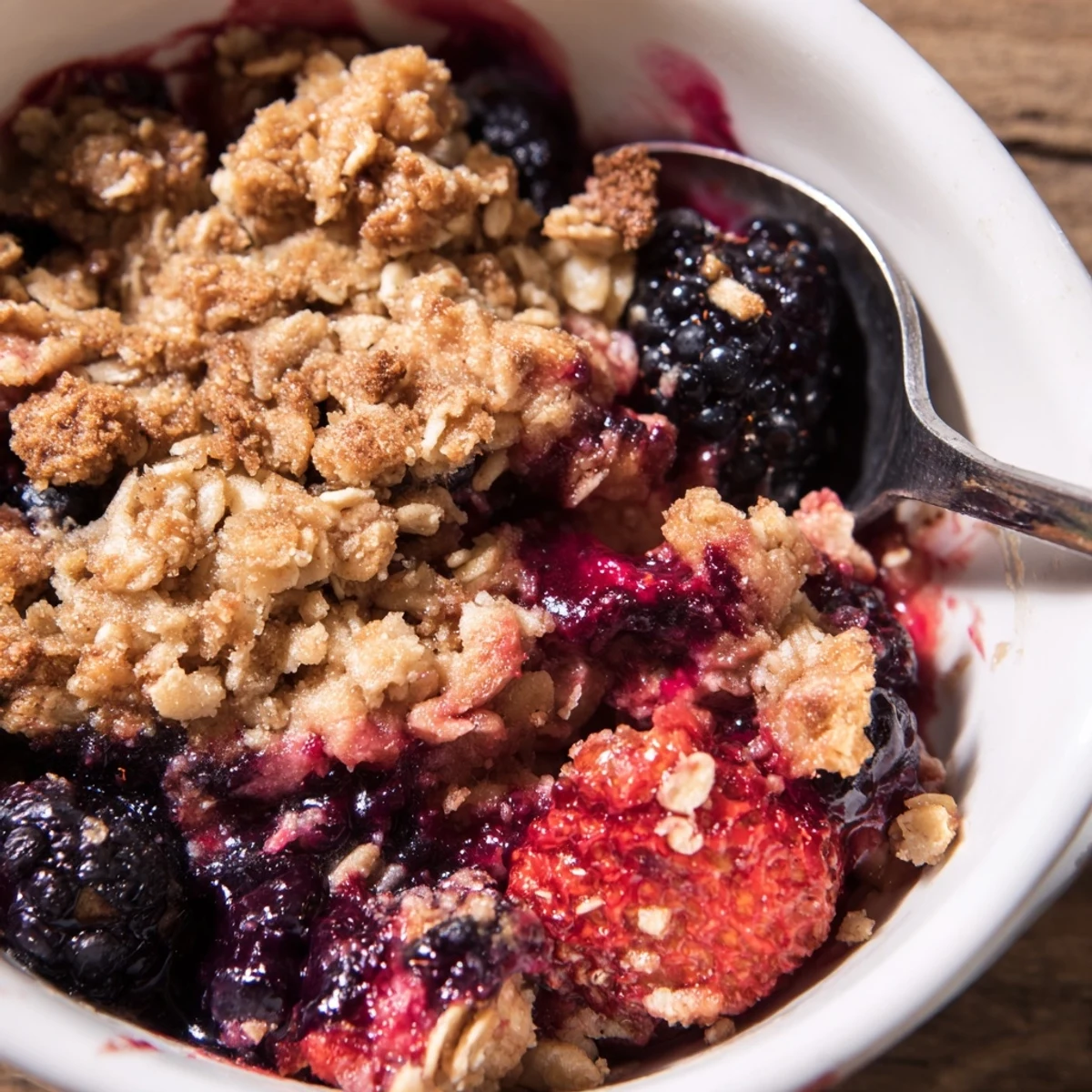 Winter Berry Crumble aux flocons d'avoine en sortie de four, fumant et parfumé à la cannelle, prêt à être dégusté.