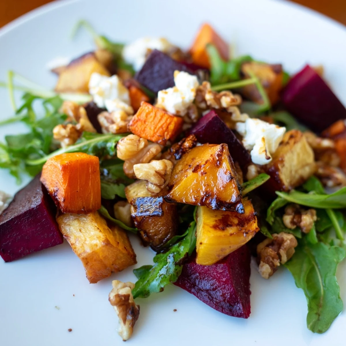 Roasted Root Vegetable Salad served warm on a platter, caramelized carrots and parsnips with arugula and crumbled goat cheese. 
