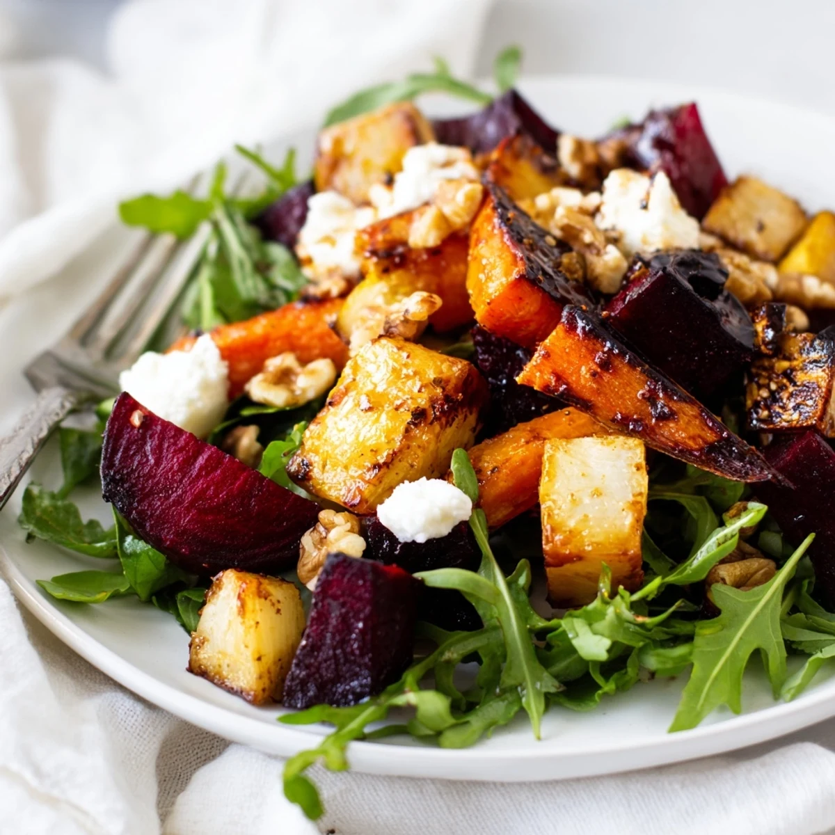 Golden roasted sweet potato and beet wedges top arugula in a hearty Roasted Root Vegetable Salad for dinner.