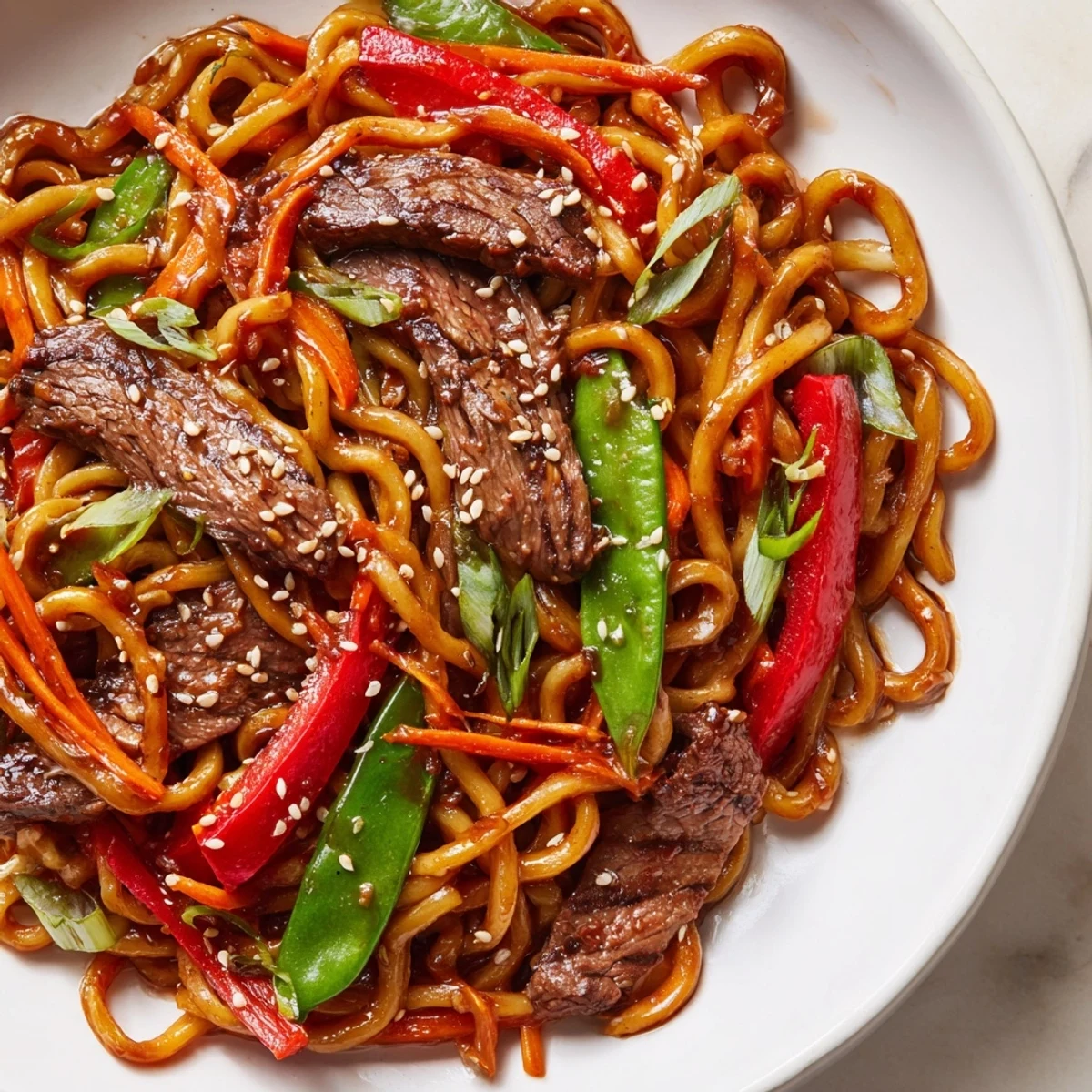 Tender beef and chewy udon noodles coated in a spicy savory sauce, served steaming in a ceramic bowl.