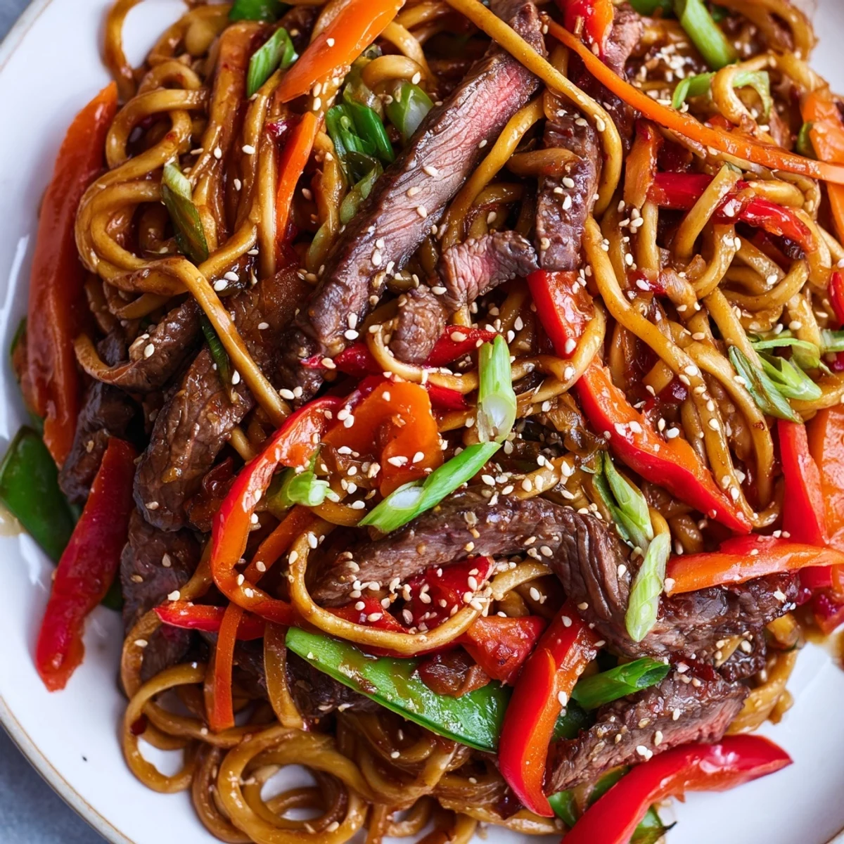 Garnished with sesame seeds, this Spicy Beef Stir Fry with Udon Noodles pairs perfectly with a cold lager.