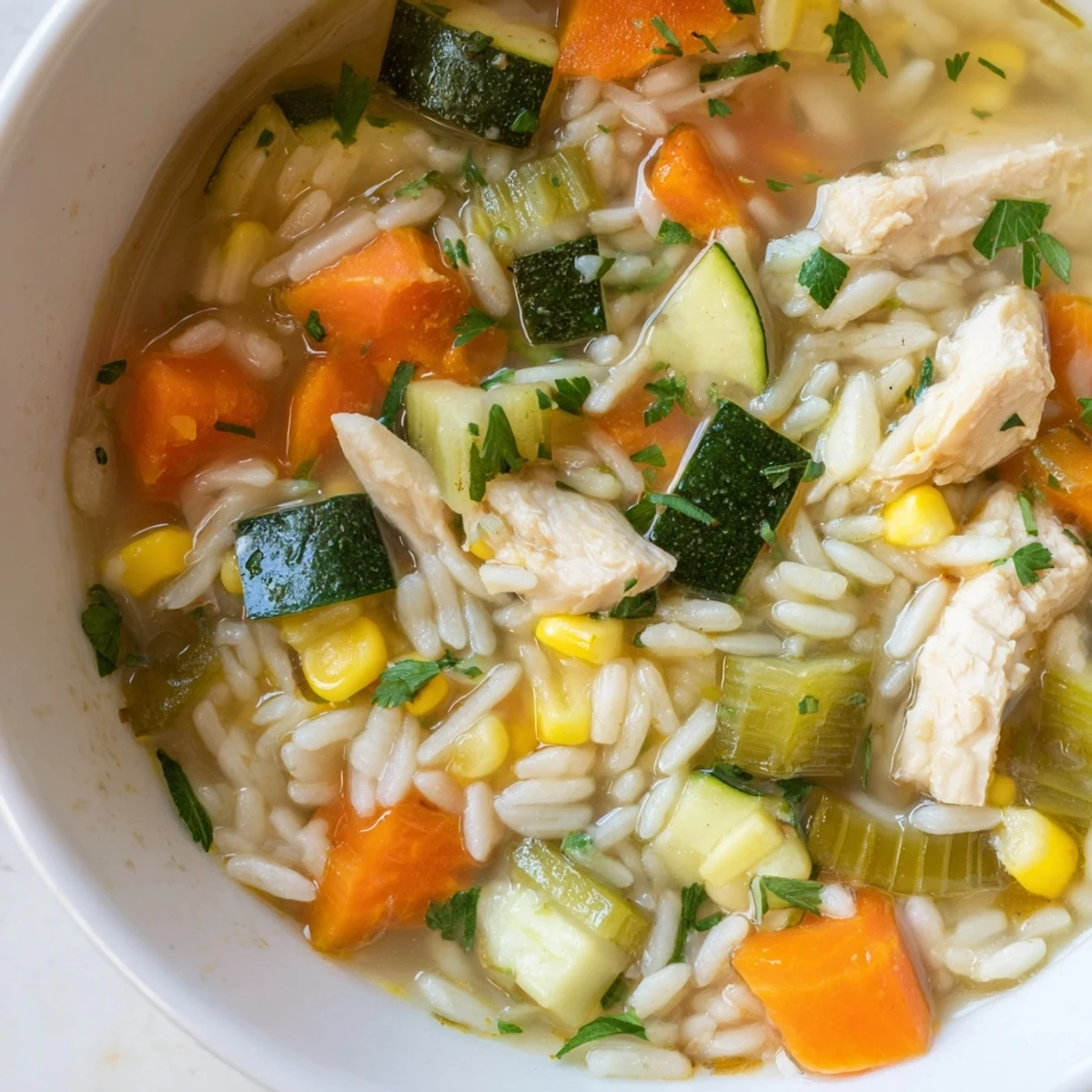 Large bol de soupe au poulet et riz, avec zucchini et pois verts tendres.