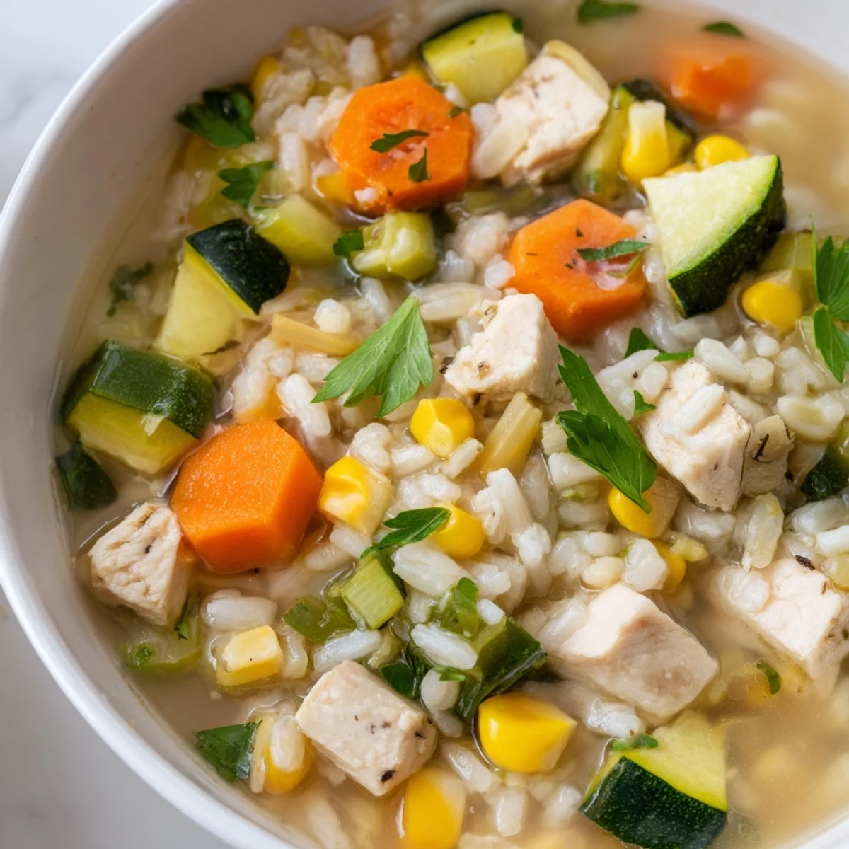 Soupe au poulet et riz fumante garnie de carottes, haricots verts et maïs doré.