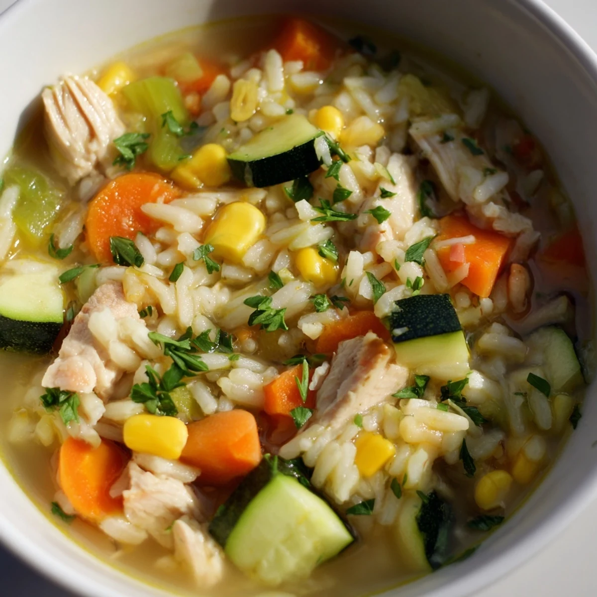 Soupe au poulet et riz napée de bouillon savoureux, prête à déguster avec du pain.