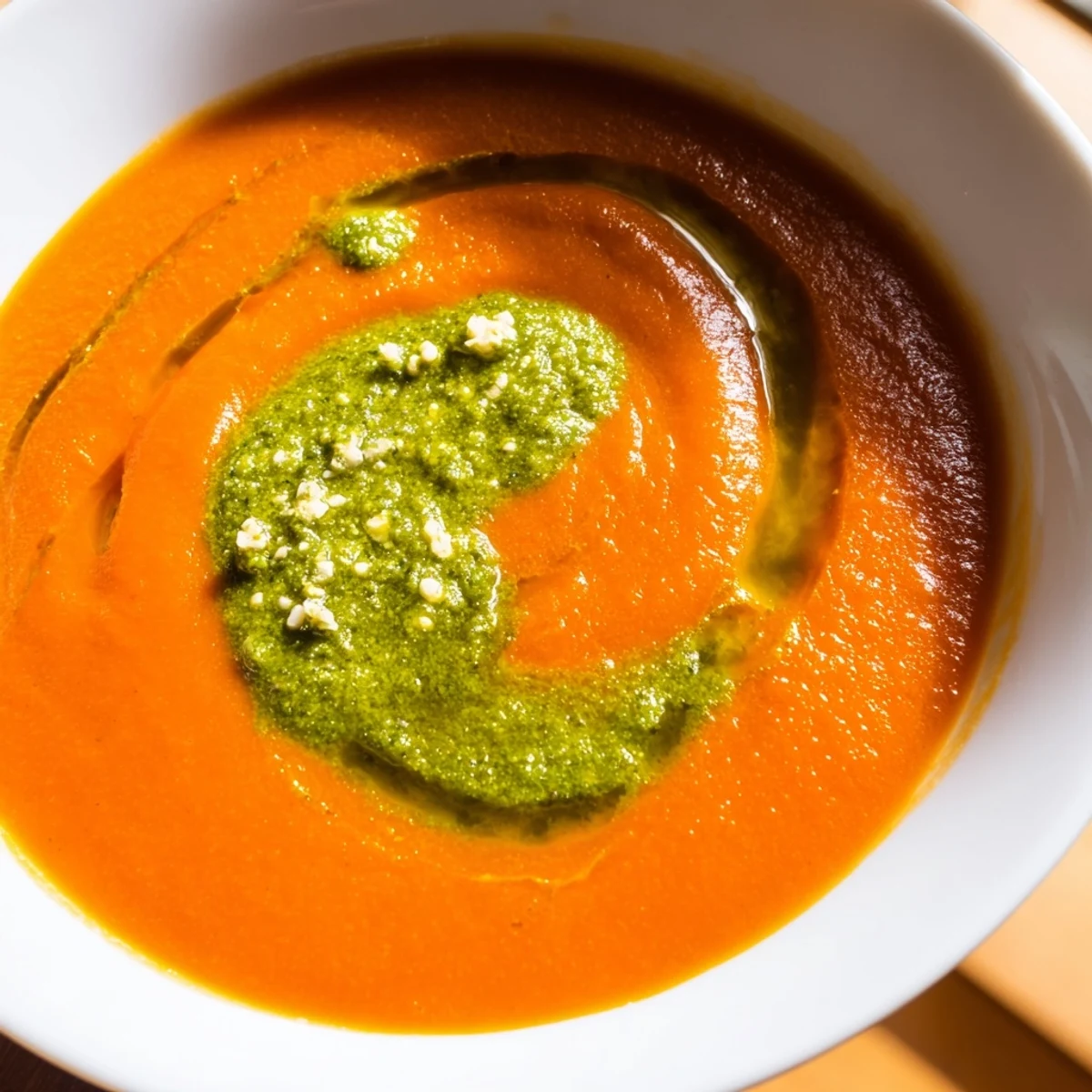 Un bol de soupe veloutée avec un tourbillon de pesto de basilic frais et du parmesan râpé.