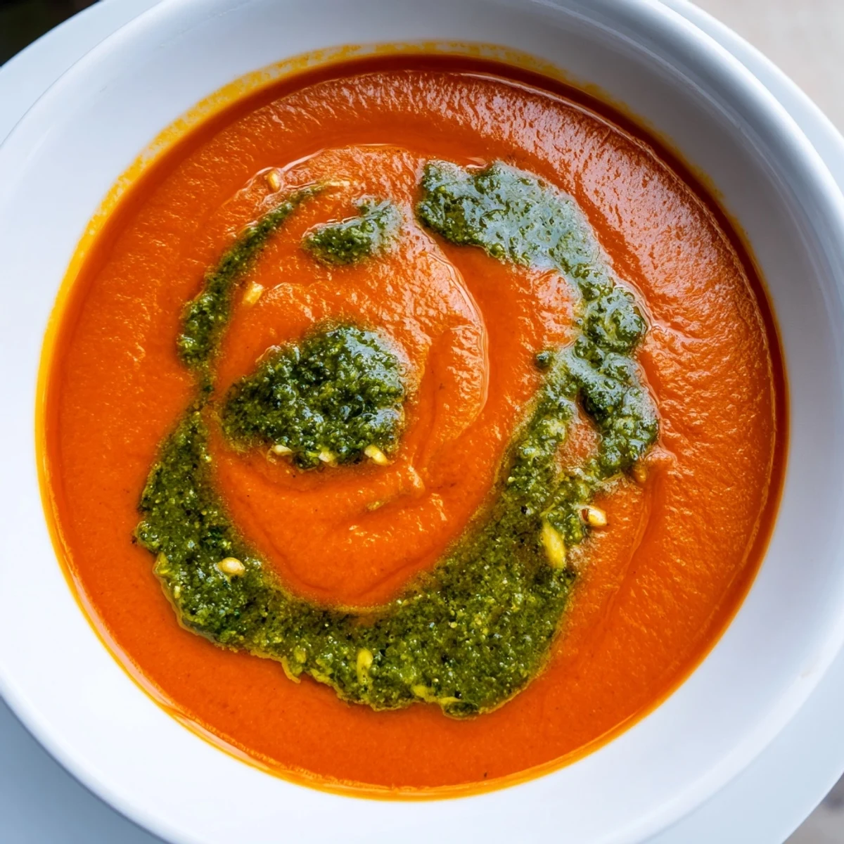Une portion généreuse de soupe tomate maison, garnie d’une cuillère de pesto de basilic éclatant.