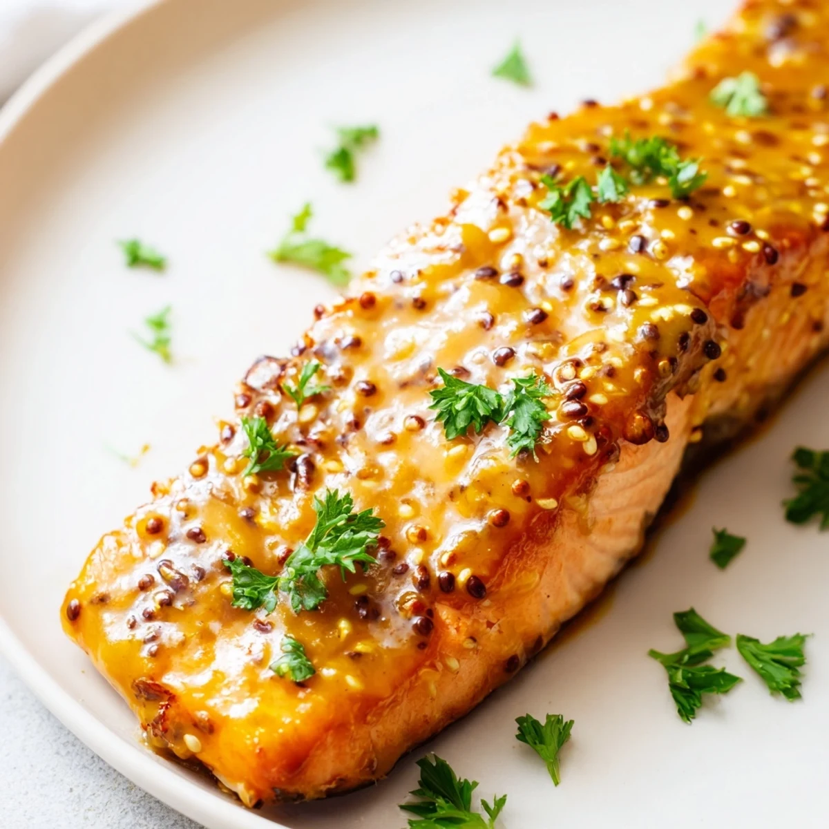Délicieux Baked Salmon with Honey Mustard, prêt à être dégusté avec des légumes rôtis et du citron.