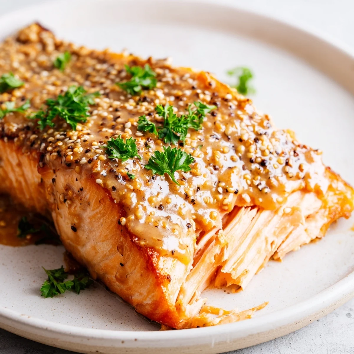 Salade verte et Baked Salmon with Honey Mustard fumant présentés dans cette photo de recette facile.
