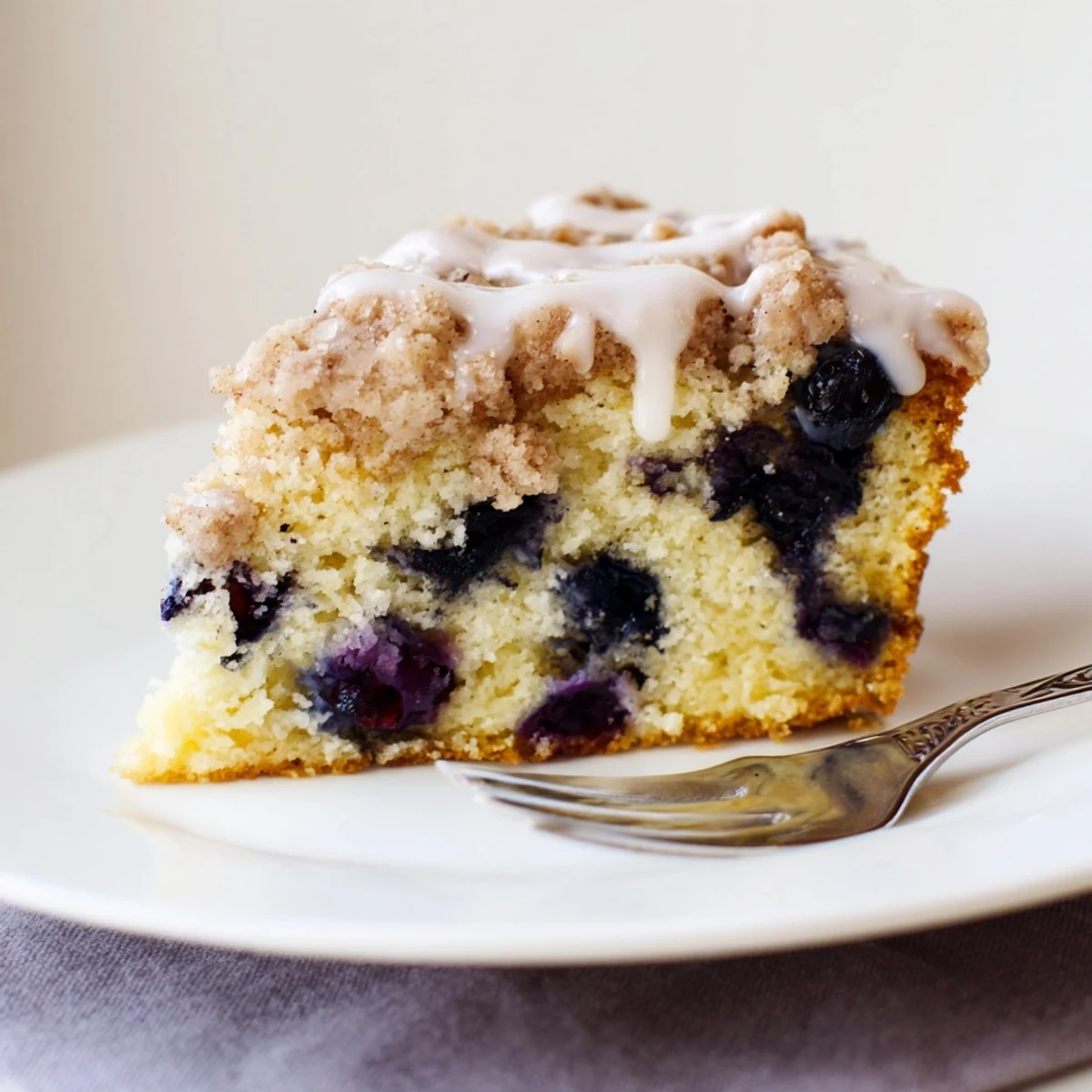 Slice of moist Lemon Blueberry Coffee Cake with buttery crumb streusel on a rustic plate.