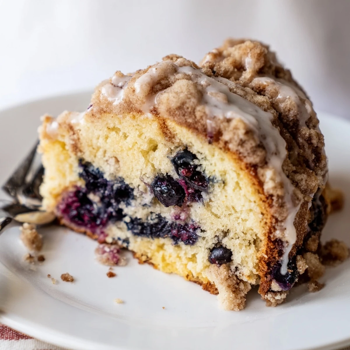 Freshly baked Lemon Blueberry Coffee Cake with lemon glaze on a wooden board.