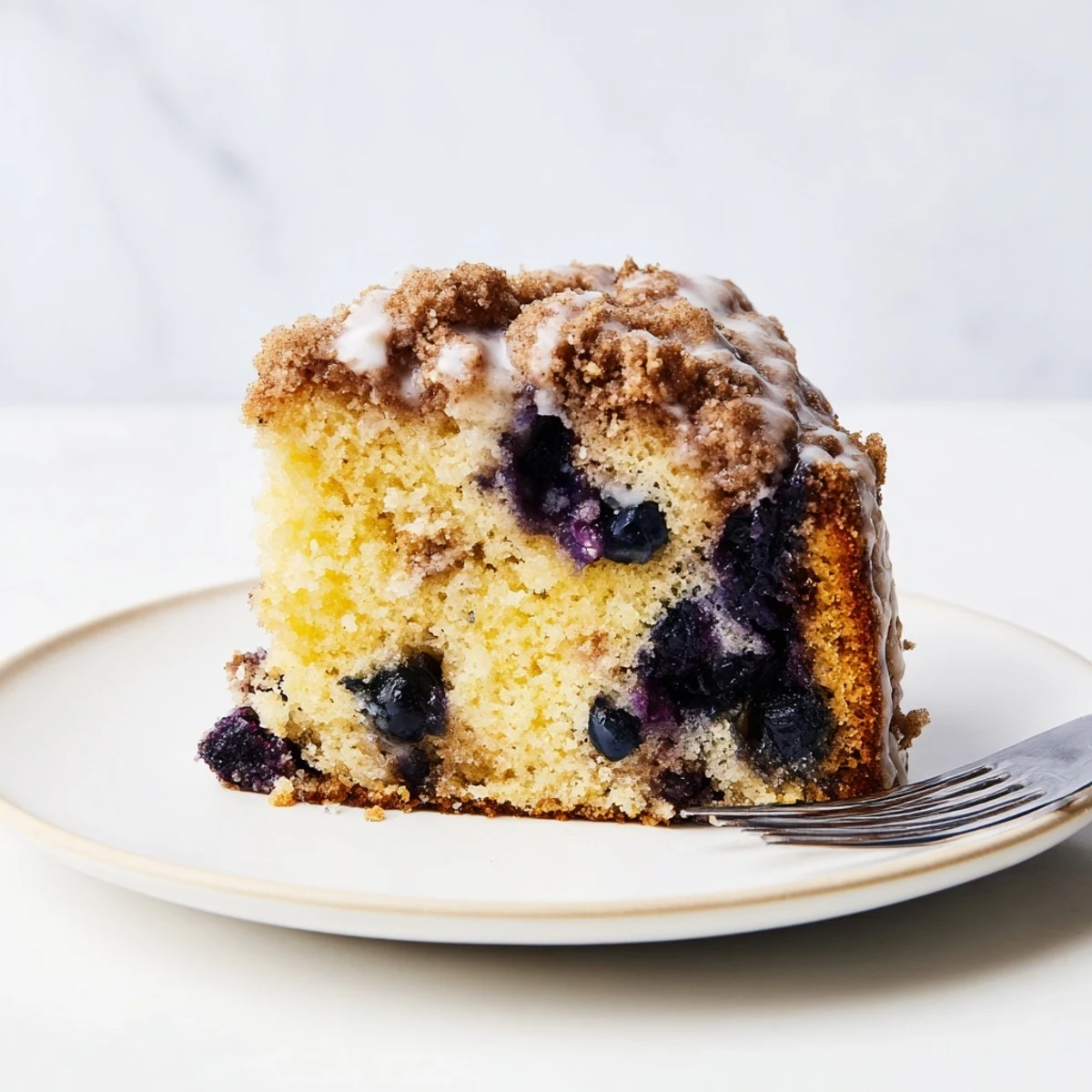Homemade Lemon Blueberry Coffee Cake served warm for breakfast with a cup of coffee.