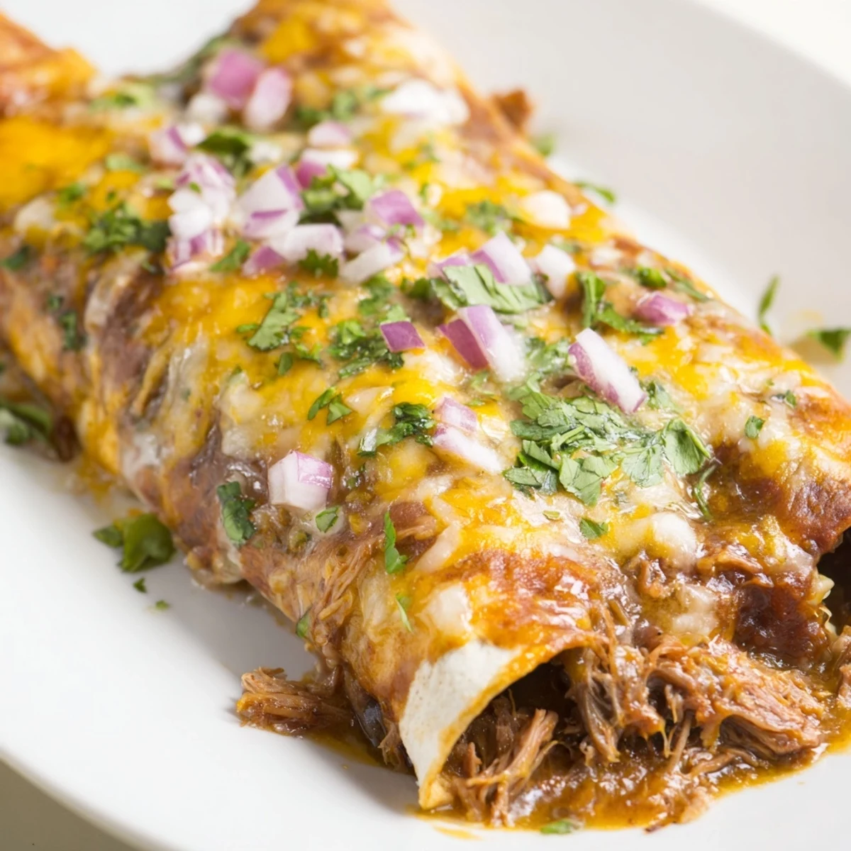 Tender shredded beef inside warm tortillas, smothered in green chili sauce and melted Monterey Jack cheese.