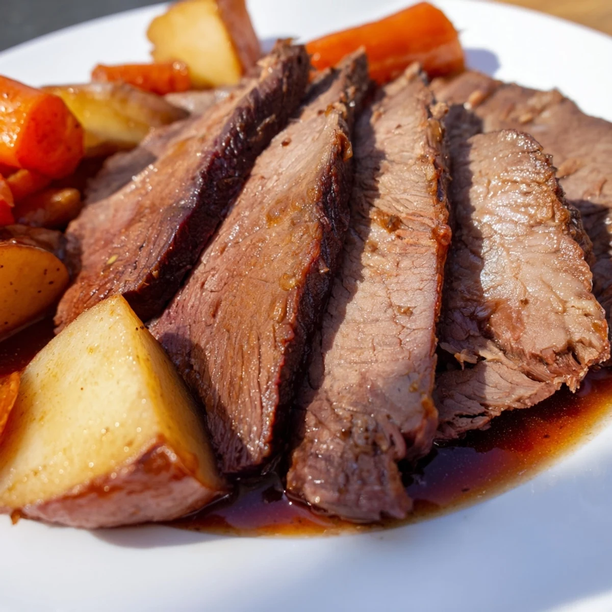 Beef Supper Roast cuit lentement avec thym et romarin, servi avec des pommes de terre et carottes.
