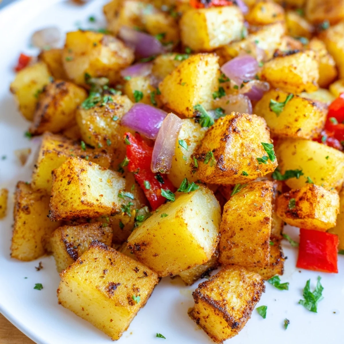 Crispy roasted breakfast potatoes with red onion and bell pepper served beside a fried egg and sliced avocado.