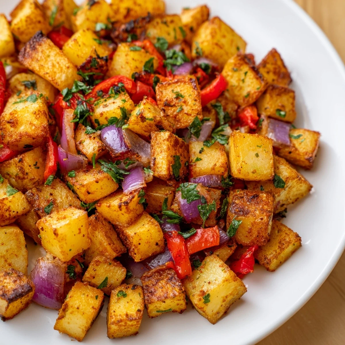 Herb-roasted breakfast potatoes tossed with olive oil and spices, plated for dipping in ketchup or hot sauce at breakfast.