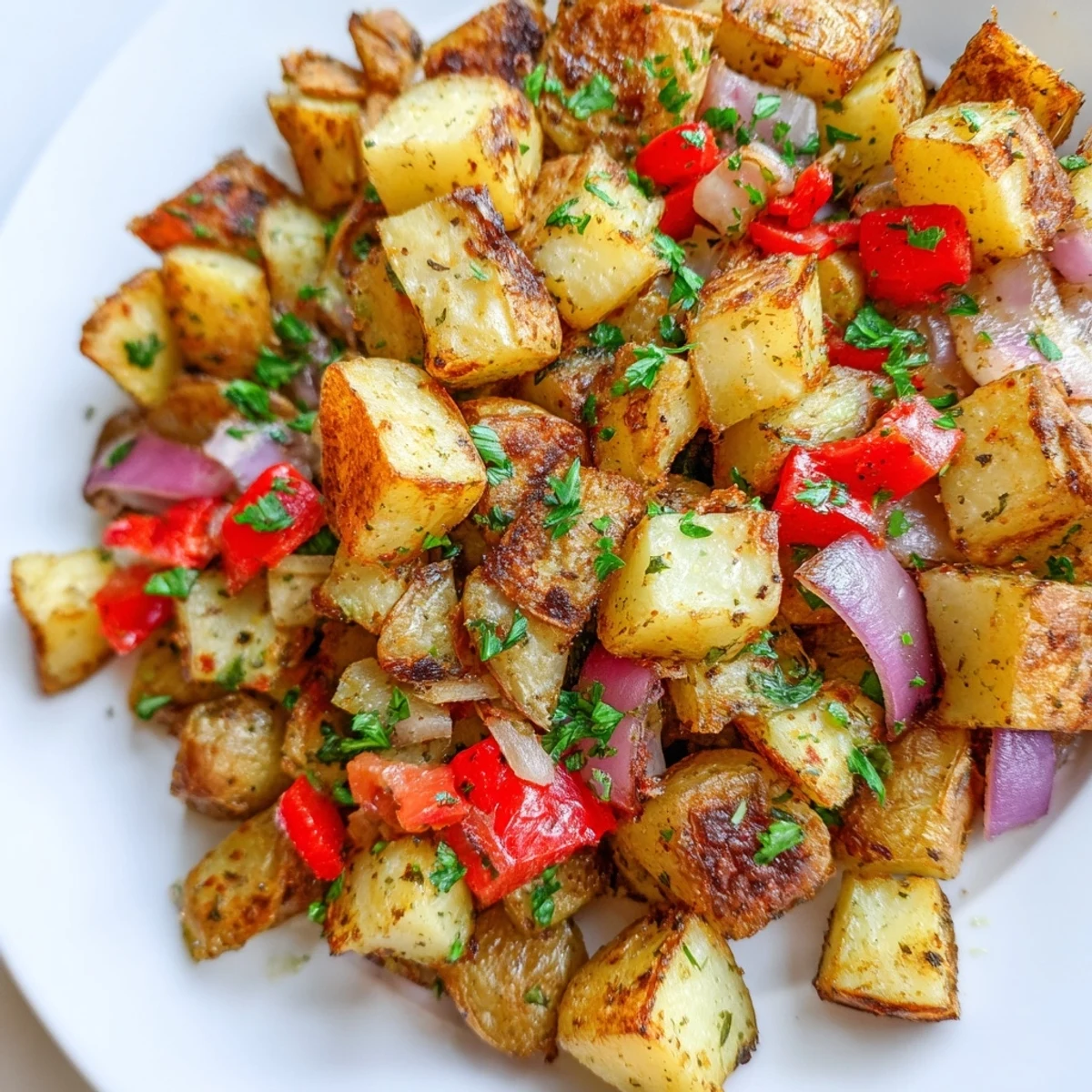 Golden roasted breakfast potatoes seasoned with paprika and herbs steaming on a rustic plate for a hearty vegetarian brunch.
