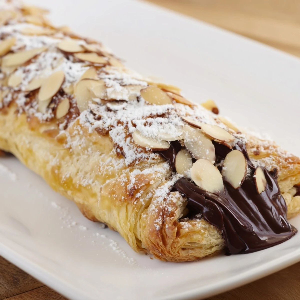 Pâte feuilletée et chocolat noir fondu sortant du four pour un Chocolate Breakfast Pastry.