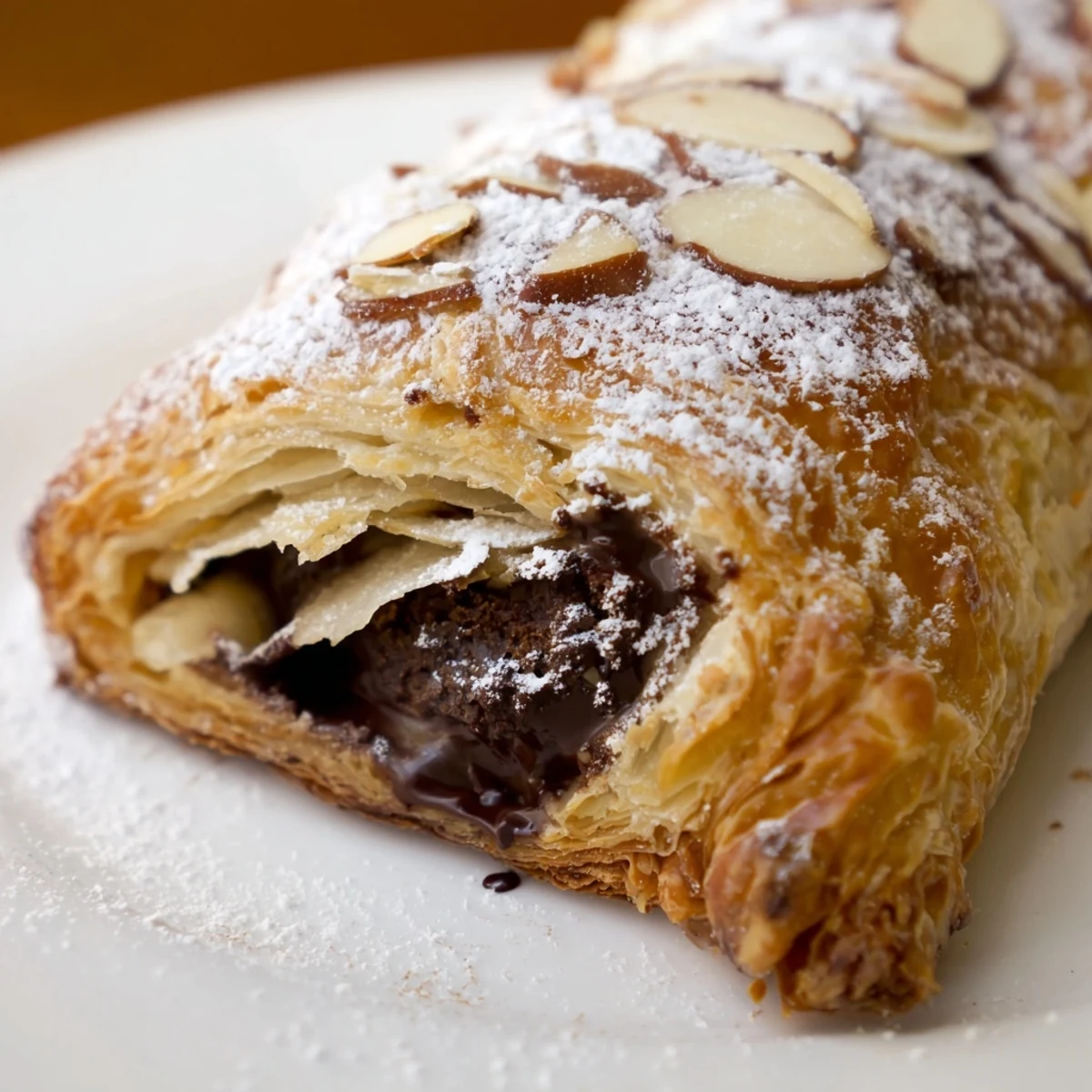 Chocolate Breakfast Pastry croustillant avec amandes et sucre glace, parfait pour le petit-déjeuner.