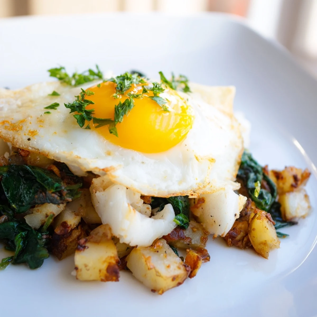 Flaky baked fish pieces rest on a golden potato hash with bell peppers and spinach, topped with a runny egg yolk, served in a rustic skillet for a wholesome Baked Fish Breakfast Hash.