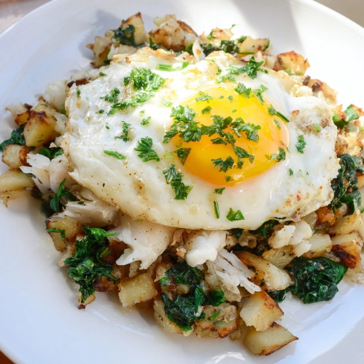 Savory Baked Fish Breakfast Hash with tender white fish, crispy pan-fried potatoes, sautéed onions and peppers, fresh herbs, and sunny-side-up eggs, ready for a hearty American brunch.