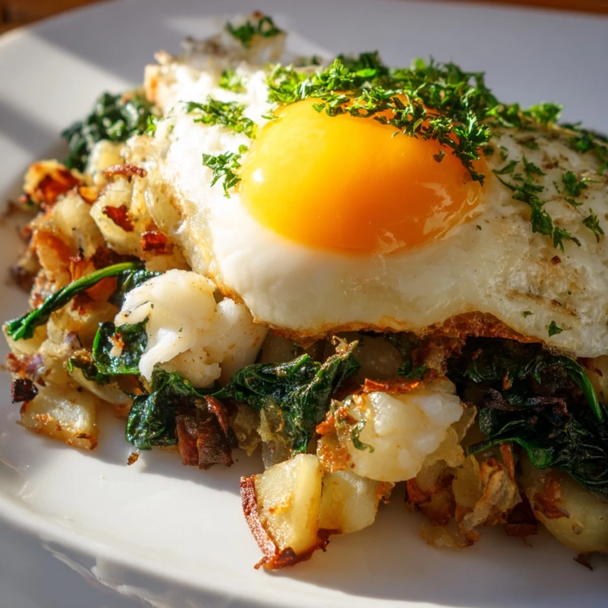 A close-up of Baked Fish Breakfast Hash featuring flaky fish, golden potatoes, wilted spinach, and diced bell peppers, garnished with parsley, with soft eggs tucked in the warm hash.