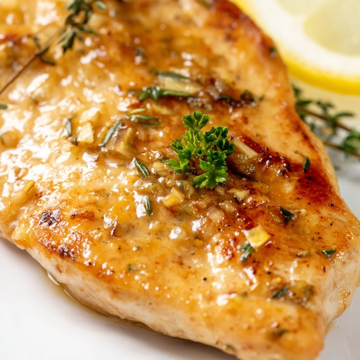 Golden seared Lemon Supper Chicken breast topped with a buttery lemon sauce and fresh thyme.