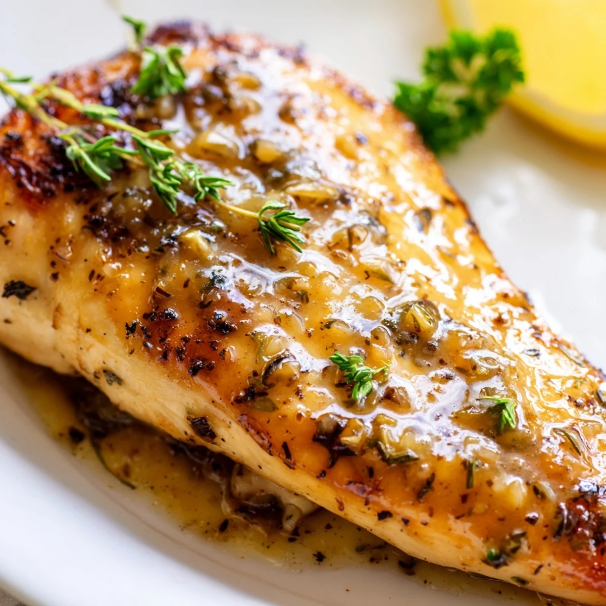 Tender Lemon Supper Chicken served on a plate with fluffy rice and fresh parsley garnish.