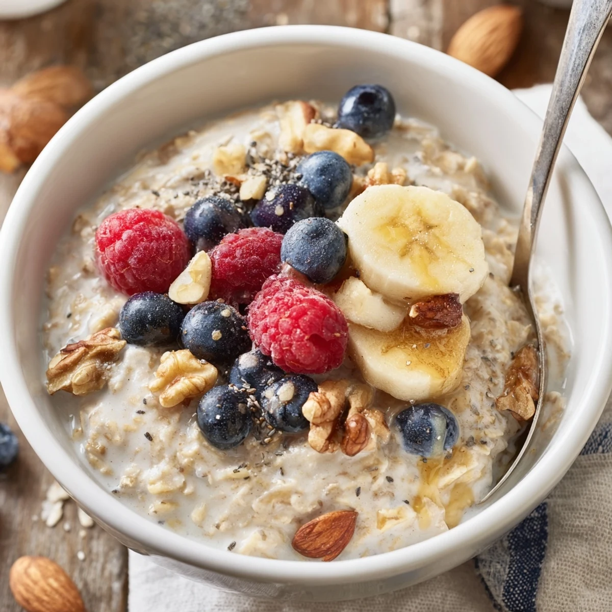 Un bol de Creamy Breakfast Oats encore fumant, garni de fruits rouges et de noix croquantes.