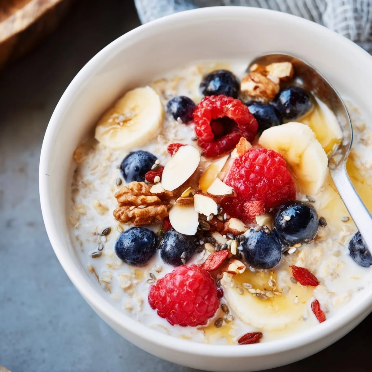 Délicieux Creamy Breakfast Oats avec banane et graines de chia, prêt à être dégusté.